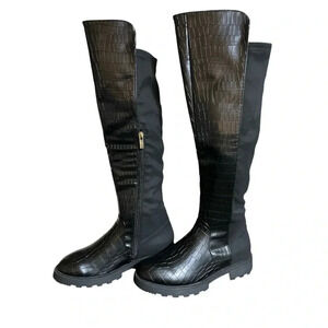 JustFab Knee High Demi Print Flat Boot Black Grunge Goth Matrix Moto Edgy Alt